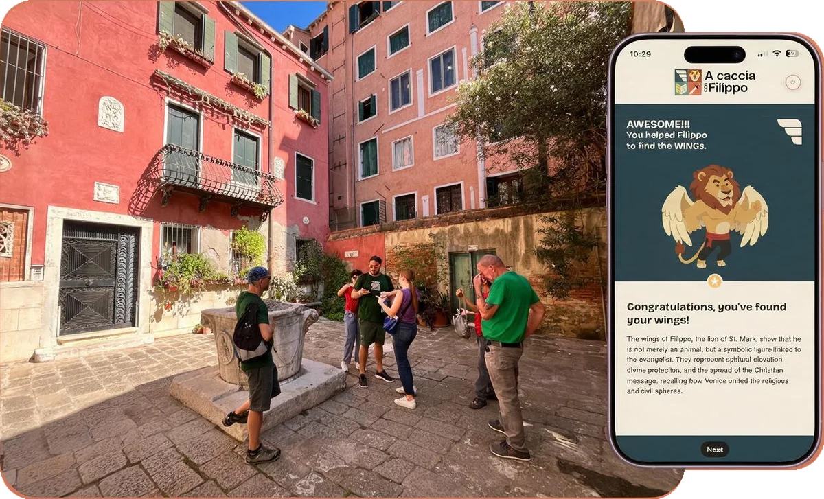 A screenshot of the app alongside a real photo of participants in Venice